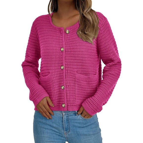 Women's Knit Cardigan Sweater – Chunky Button Down Open Front Jacket Pink Large - Picture 8 of 8